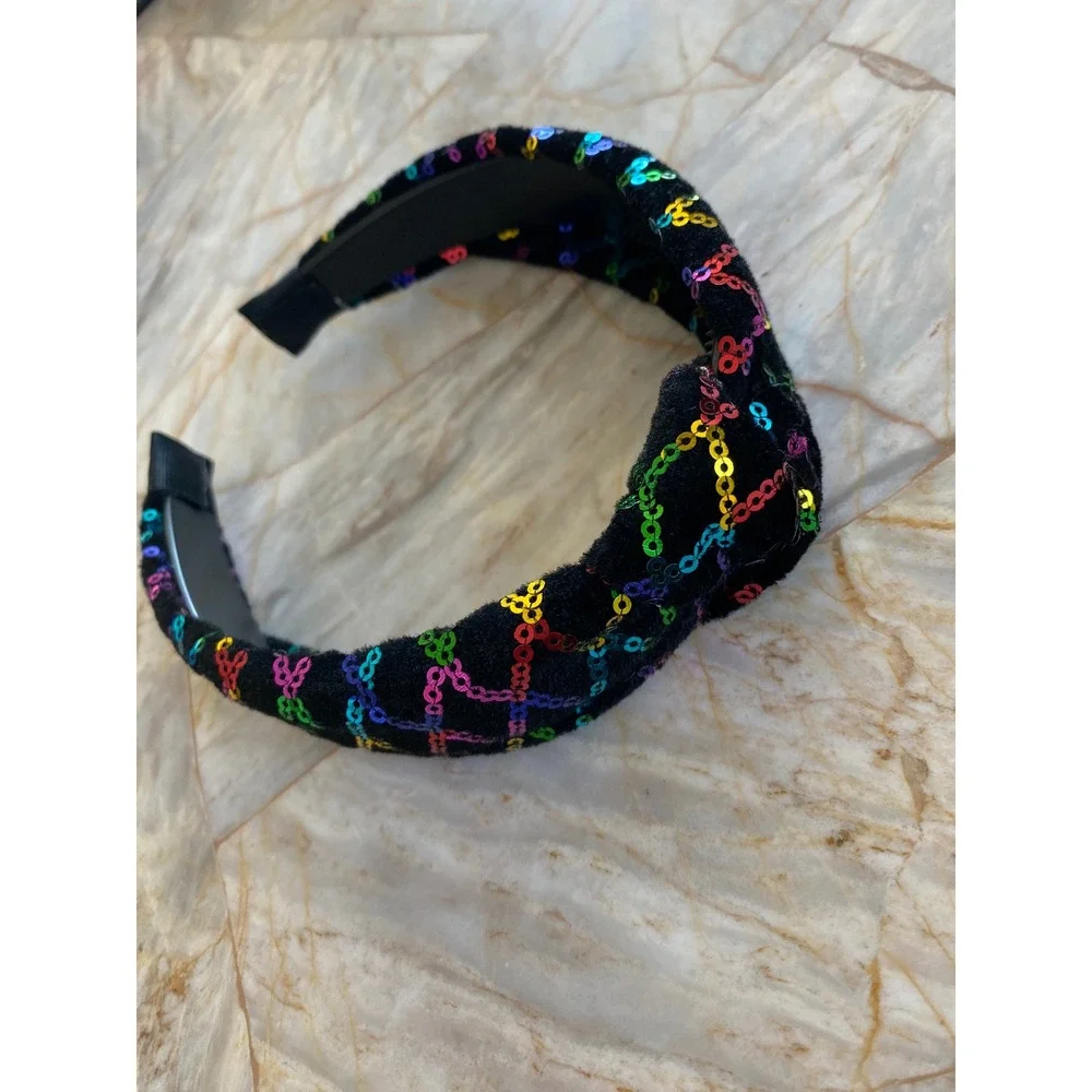 Black Velvet Rainbow Sequin Lattice Knotted Headband Top Knot Hair Accessory